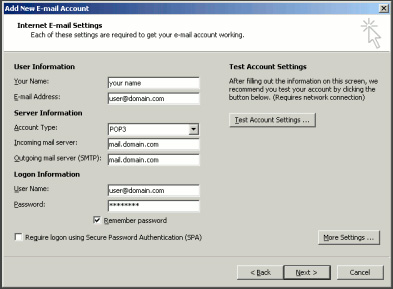 Internet, Email Settings