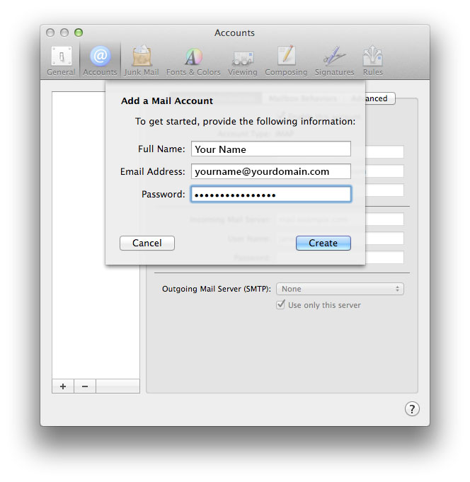 The Add a mail account dialog