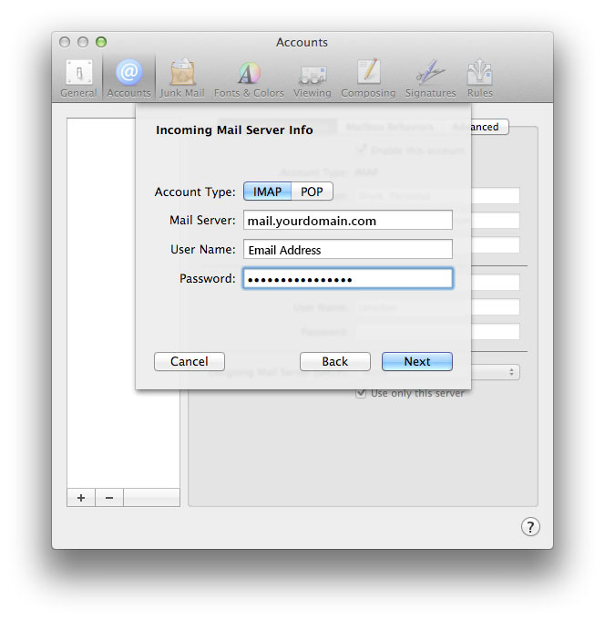 The Incoming Mail Server Info dialog